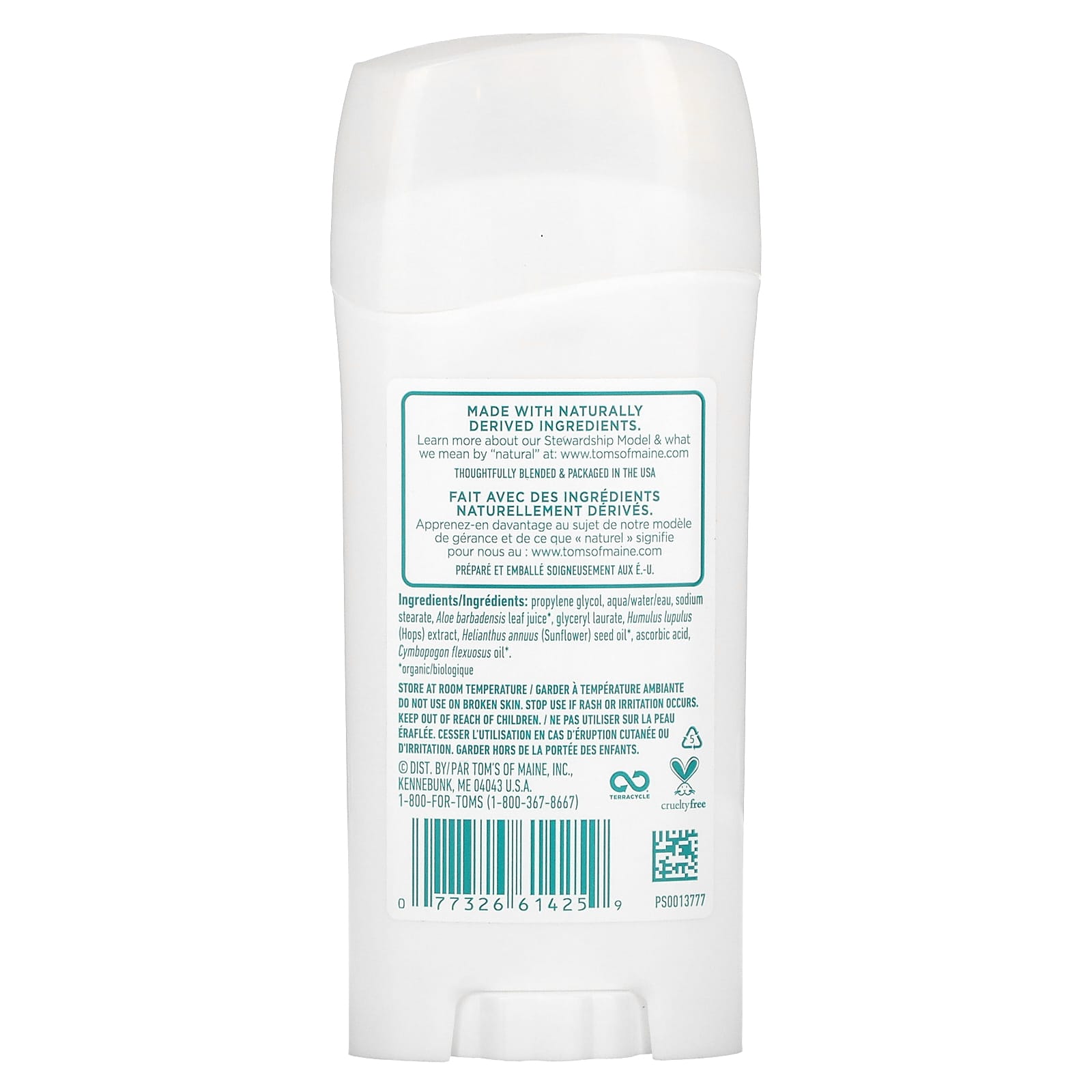 Tom’s Of Maine, Deodorant Stick Long Lasting Unscented, 2.25 Oz UPC 077326614259 | HiLife Vitamins