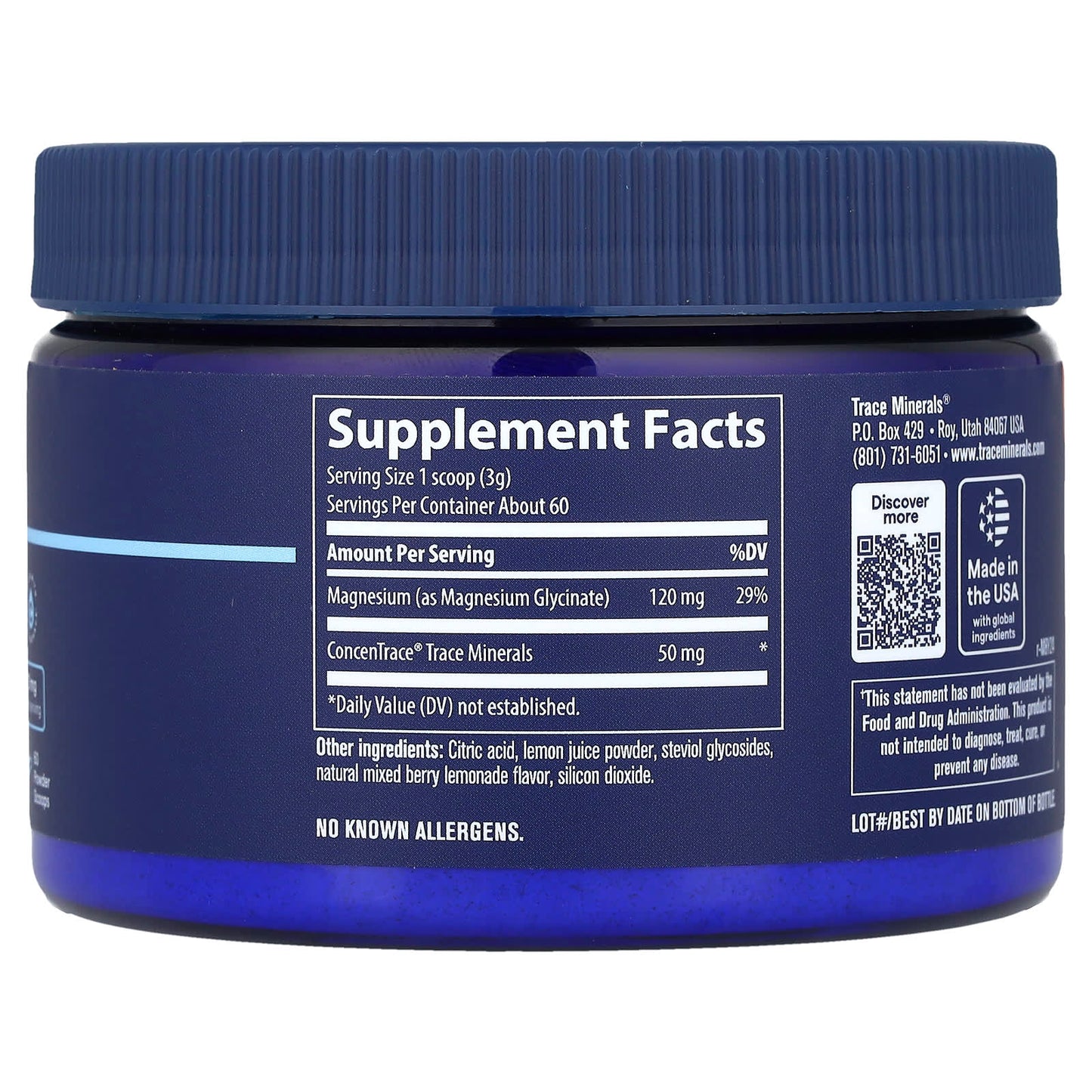 Trace Minerals, Magnesium Glycinate Powder, Mixed Berry Lemonade, 6.35 oz (180 g) UPC 878941008481 | HiLife Vitamins