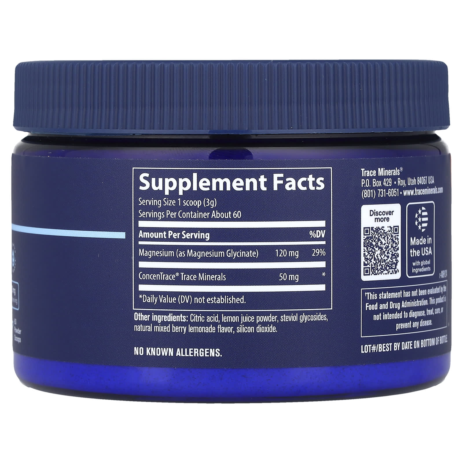 Trace Minerals, Magnesium Glycinate Powder, Mixed Berry Lemonade, 6.35 oz (180 g) UPC 878941008481 | HiLife Vitamins