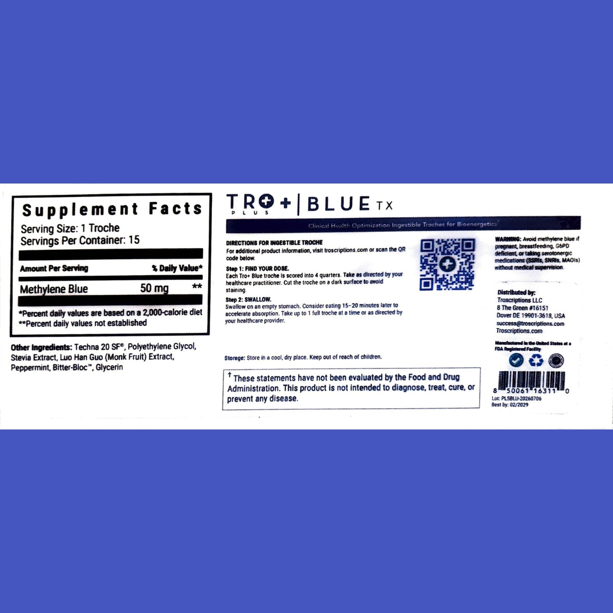 Troscriptions, Tro+ Blue, 15 Troches UPC 850061163110 | Hilife Vitamins