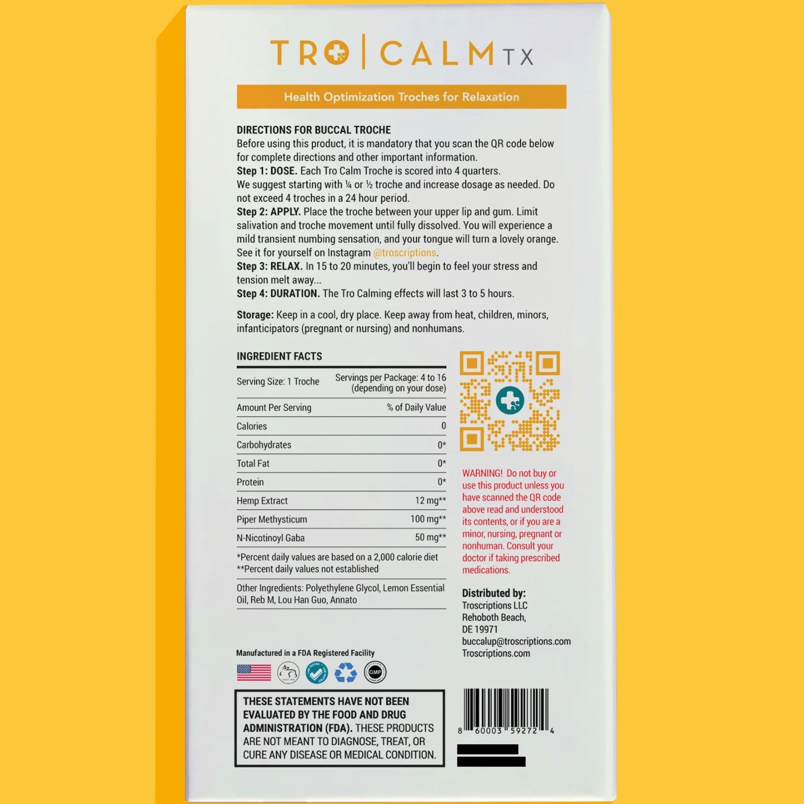 Troscriptions, Tro Calm™, 4 Troches UPC 860003592724 | HiLife Vitamins