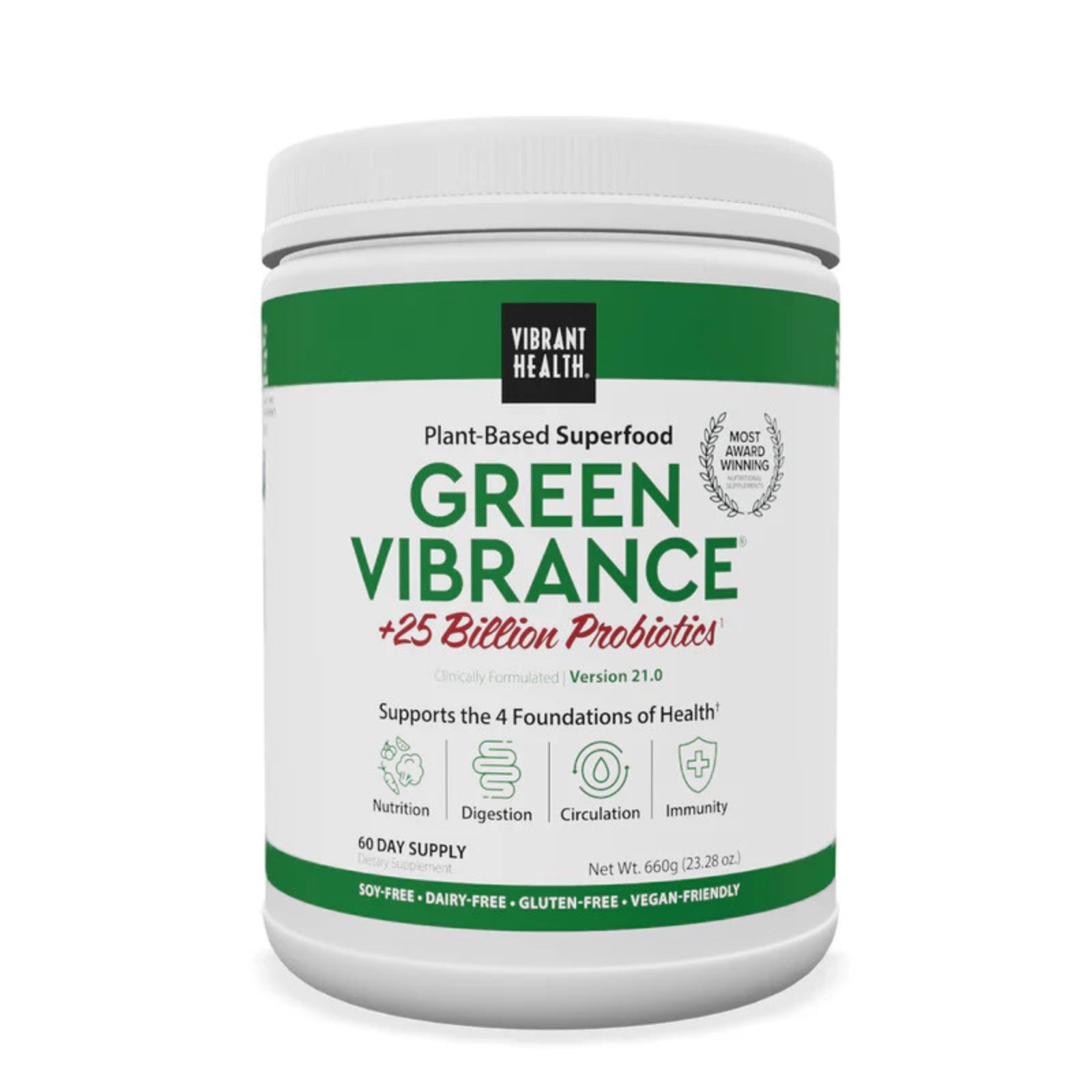 Vibrant Health, Green Vibrance +25 Billion Probiotics, Version 21.0, 23.28 oz (660 g) UPC 074306800046 | HiLife Vitamins