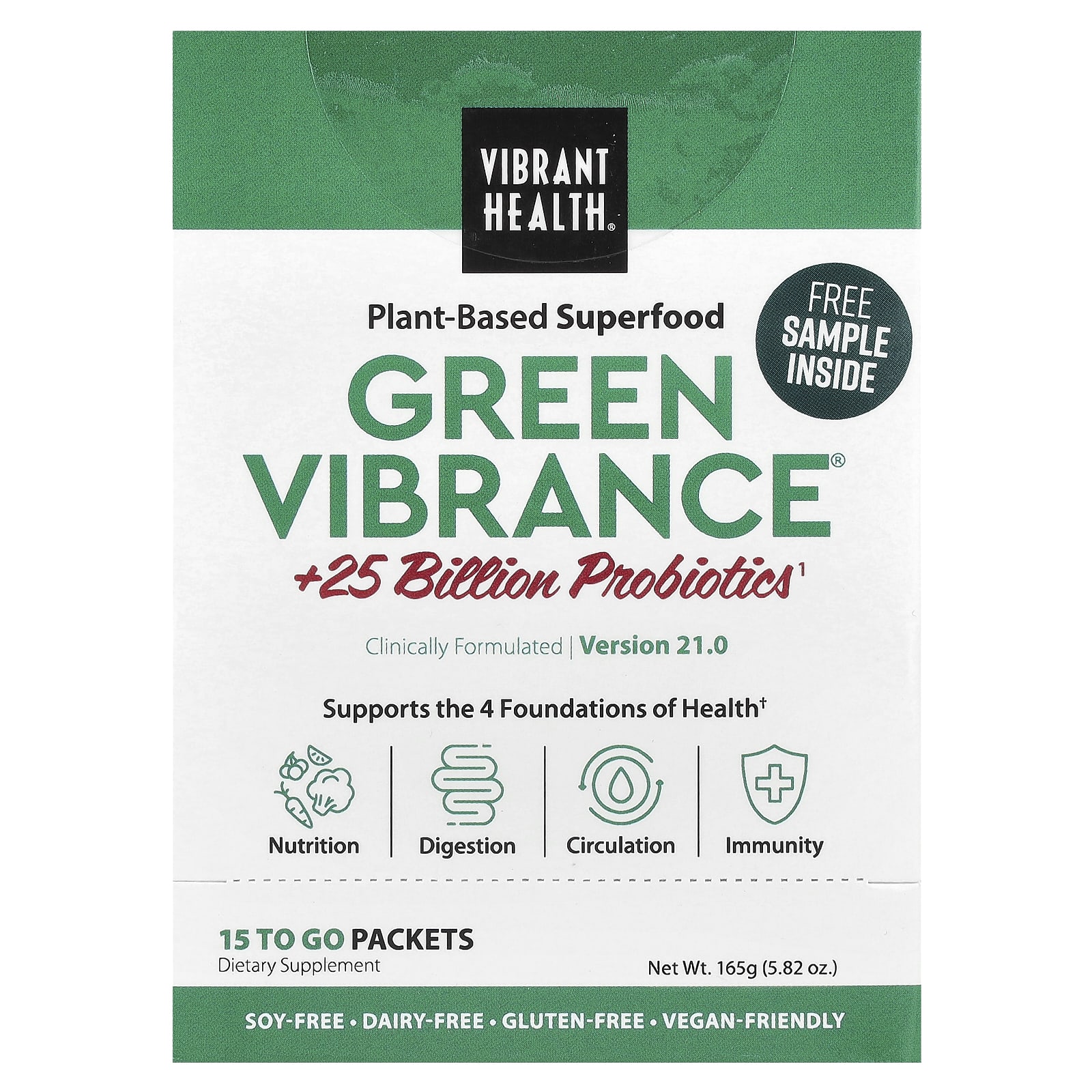 Vibrant Health, Green Vibrance +25 Billion Probiotics, Version 19.1, 15 Packets, 5.96 oz (168.9 g) UPC 074306800213 | HiLife Vitamins
