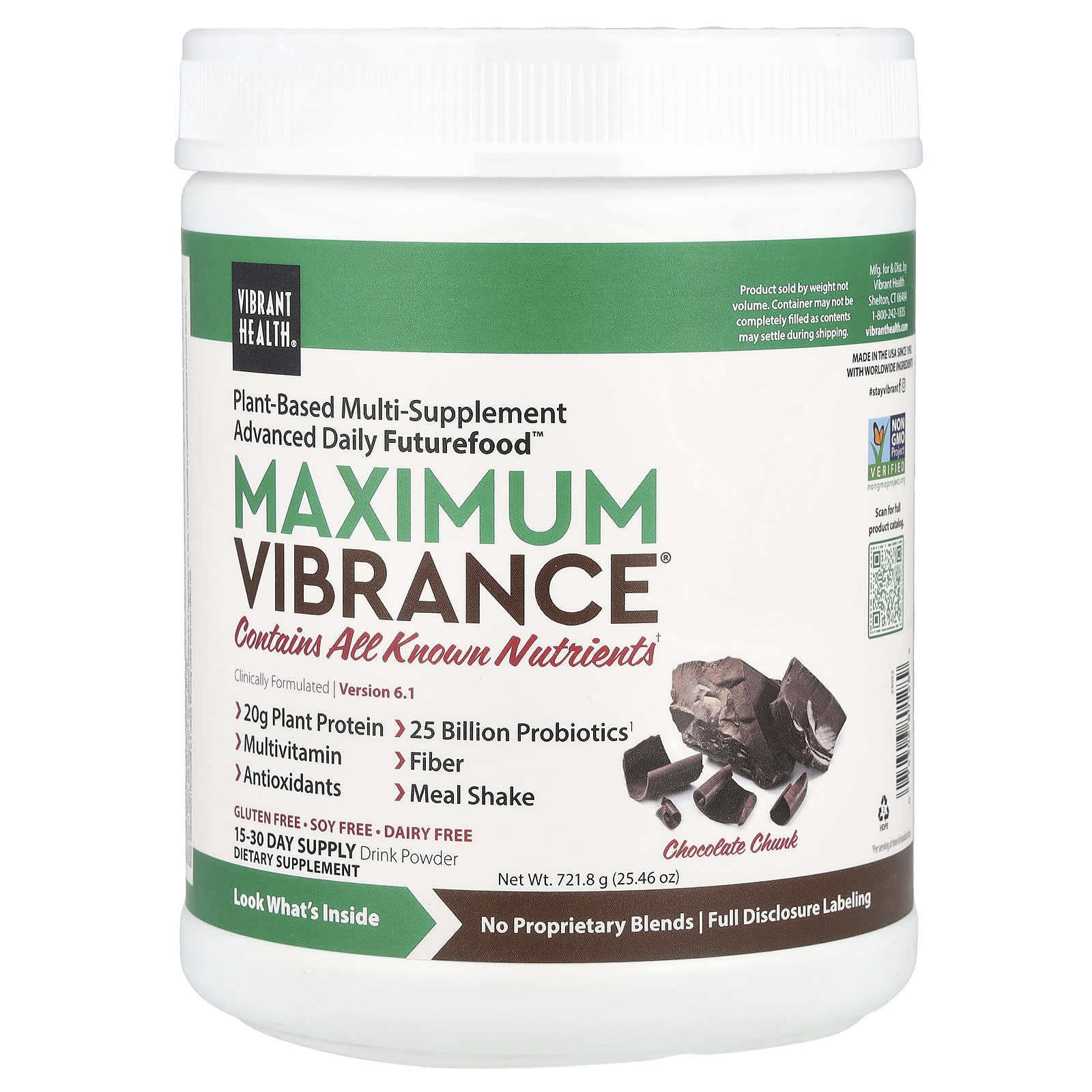 Vibrant Health, Maximum Vibrance, Version 7.0, Chocolate Chunk, 23.2 oz (659 g) UPC 074306801289 | HiLife Vitamins