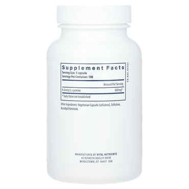 Vital Nutrients, NAC, 600 mg, 100 Vegan Capsules UPC 693465104118 | HiLife Vitamins