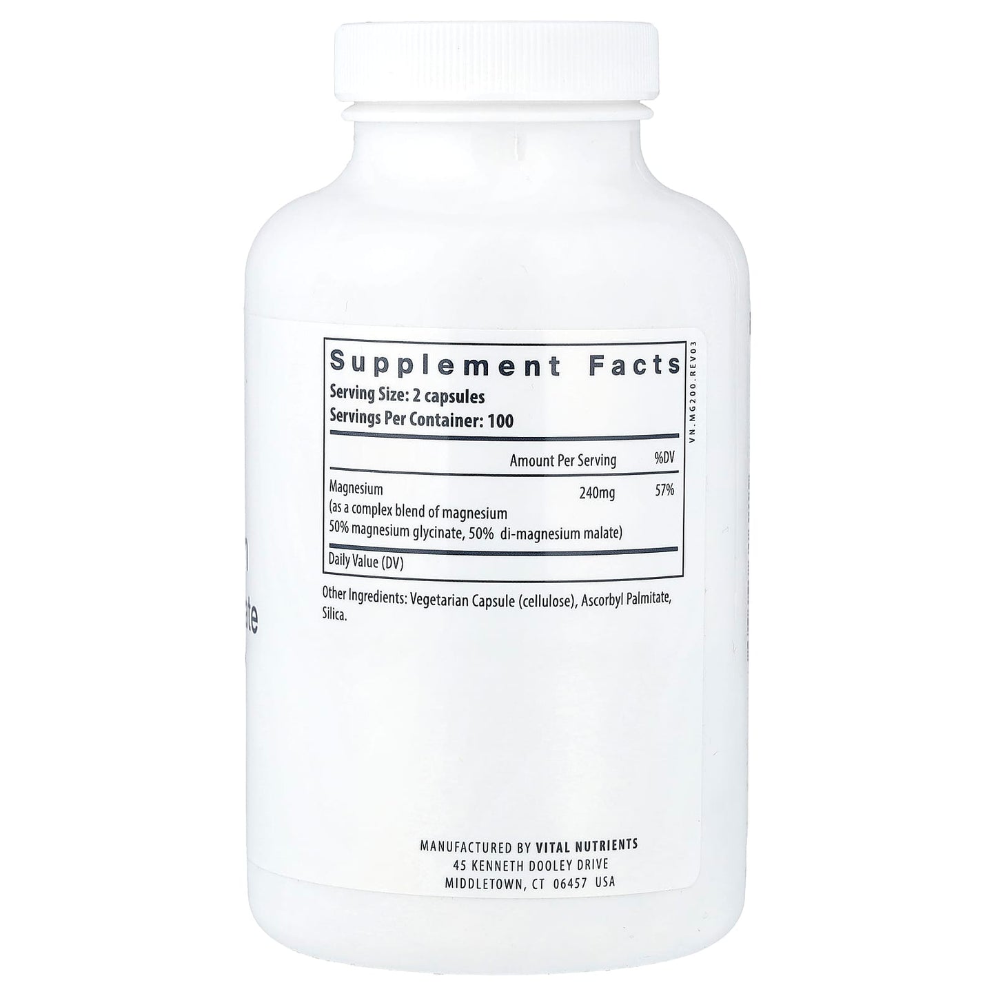 Vital Nutrients, Magnesium, Glycinate + Malate, 200 Vegan Capsules - 693465306215 | Hilife Vitamins