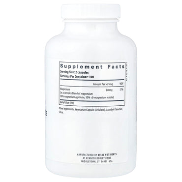 Vital Nutrients, Magnesium, Glycinate + Malate, 200 Vegan Capsules - 693465306215 | Hilife Vitamins