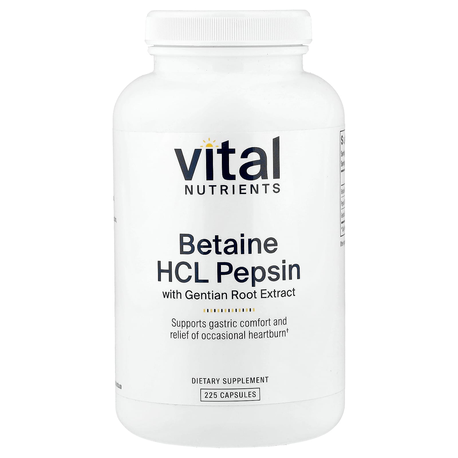 Vital Nutrients, Betaine HCl Pepsin with Gentian Root Extract, 225 Capsules UPC 693465425114 | Hilife Vitamins