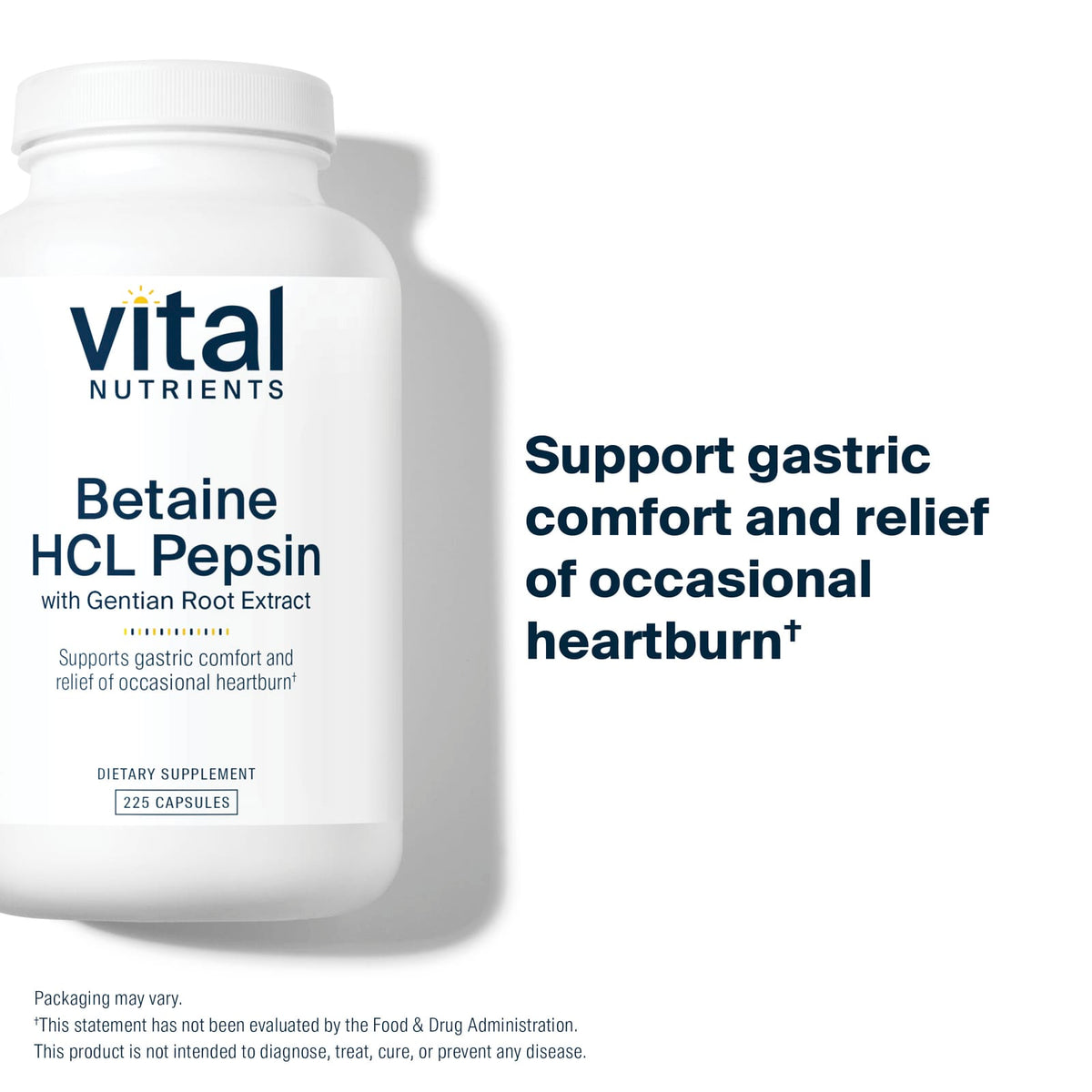 Vital Nutrients, Betaine HCl Pepsin with Gentian Root Extract, 225 Capsules UPC 693465425114 | Hilife Vitamins