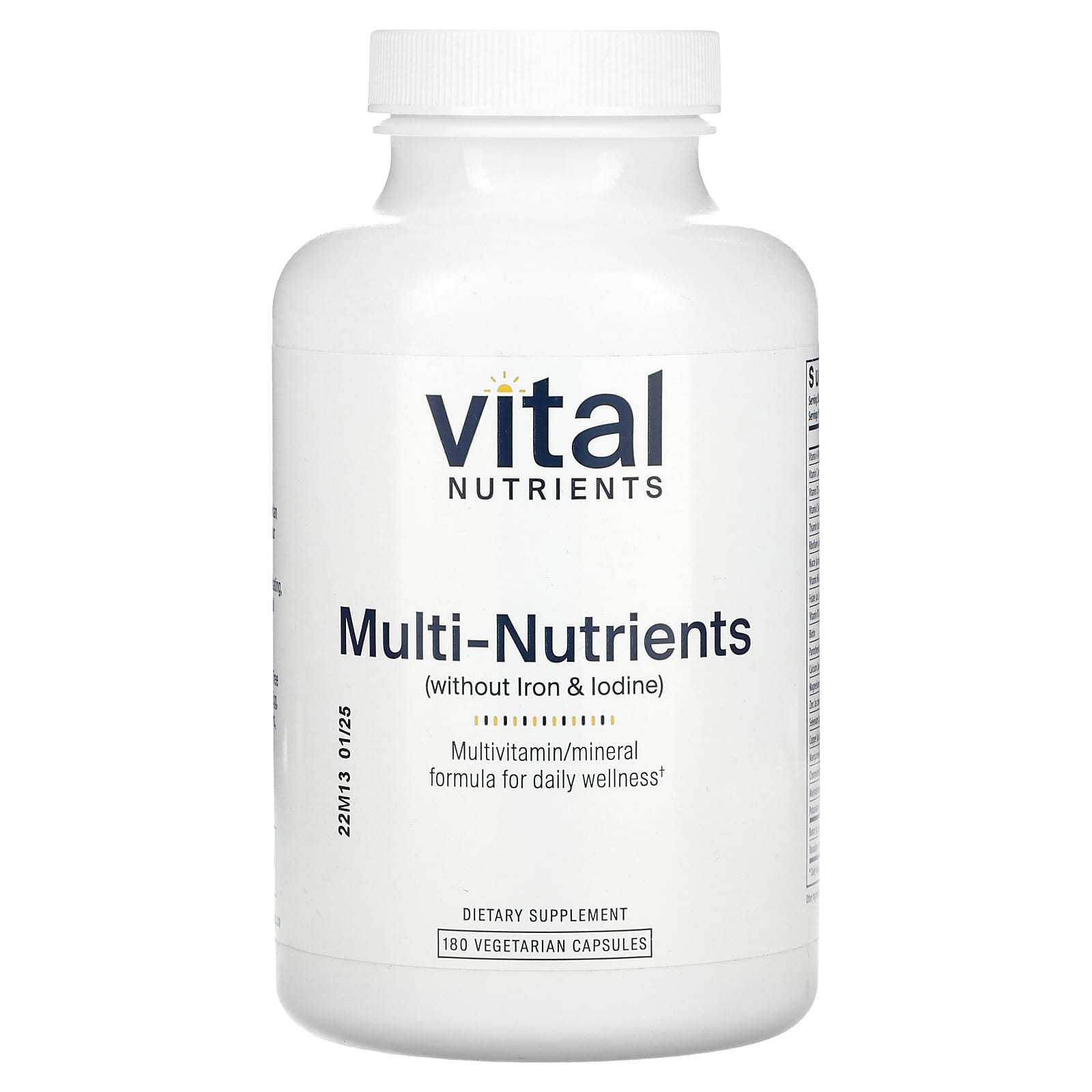 Vital Nutrients, Multi-Nutrients (Without Iron & Iodine), 180 Vegetarian Capsules UPC 693465503119 | HiLife Vitamins