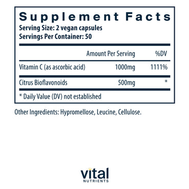 Vital Nutrients, Vitamin C With Bioflavonoids, 100 Vegan Capsules UPC 693465518113 | HiLife Vitamins