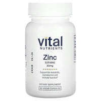 Vital Nutrients, Zinc (Citrate), 30 mg, 90 Vegan Capsules UPC 693465522110 | HiLife Vitamins