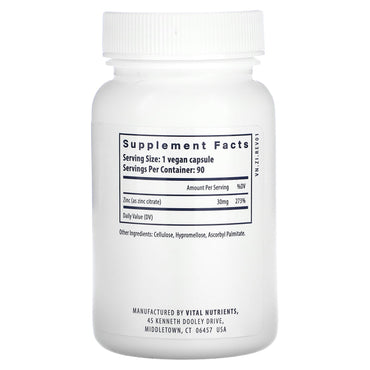 Vital Nutrients, Zinc (Citrate), 30 mg, 90 Vegan Capsules UPC 693465522110 | HiLife Vitamins