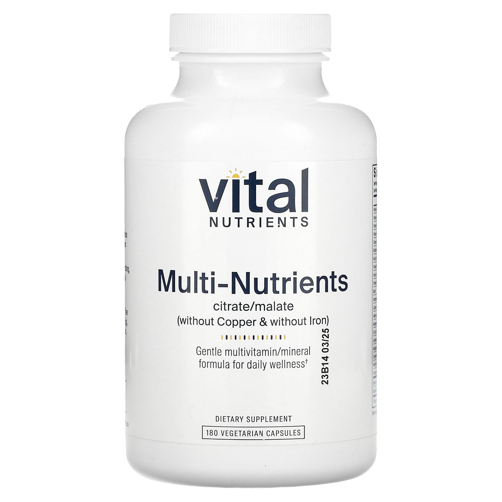 Vital Nutrients, Multi-Nutrients Citrate/Malate (Without Copper & Without Iron), 180 Vegetarian Capsules UPC 693465525111 | HiLife Vitamins