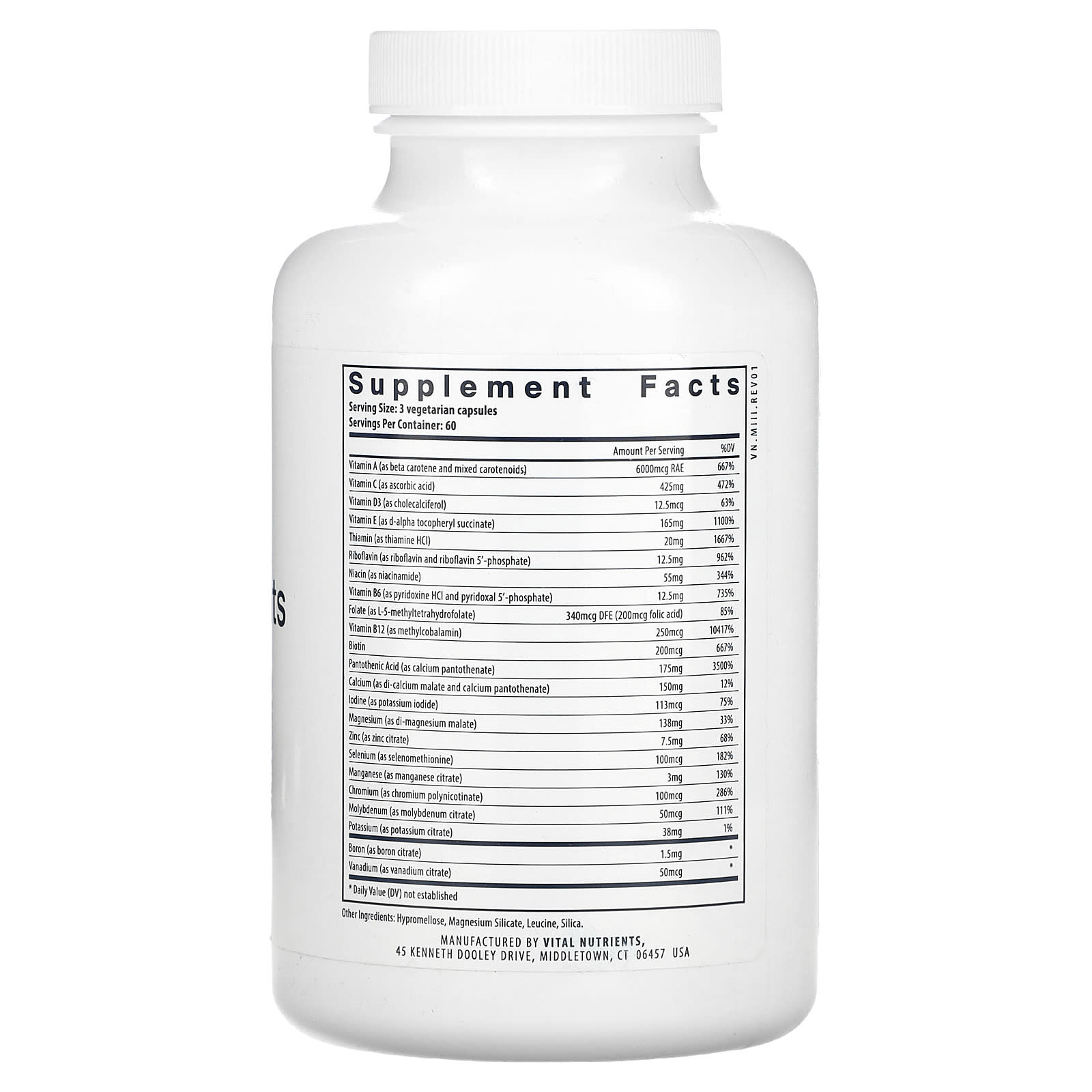 Vital Nutrients, Multi-Nutrients Citrate/Malate (Without Copper & Without Iron), 180 Vegetarian Capsules UPC 693465525111 | HiLife Vitamins
