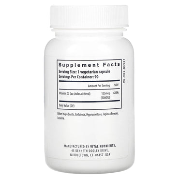 Vital Nutrients, Vitamin D3, 5,000 IU, 90 Vegetarian Capsules UPC 693465539118 | HiLife Vitamins