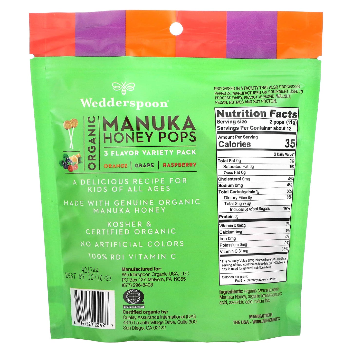 Wedderspoon, Organic Manuka Honey Variety Pak Lollipops, 24 lollipops UPC 814422022423 | Hilife Vitamins
