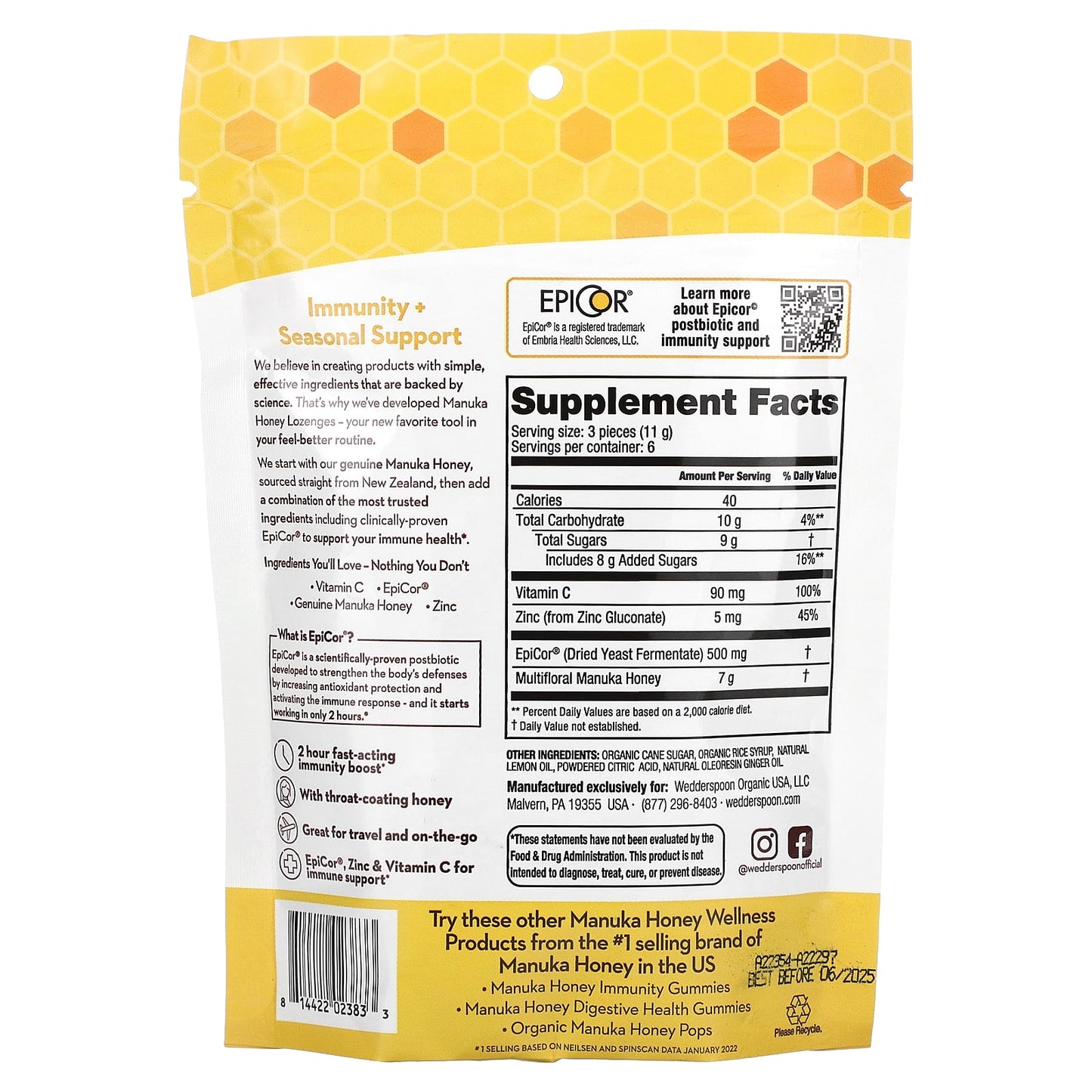 WEDDERSPOON, Manuka Honey Immunity Lozenge Lemon Ginger, 2.6 OUNCE UPC 814422023833 | Hilife Vitamins