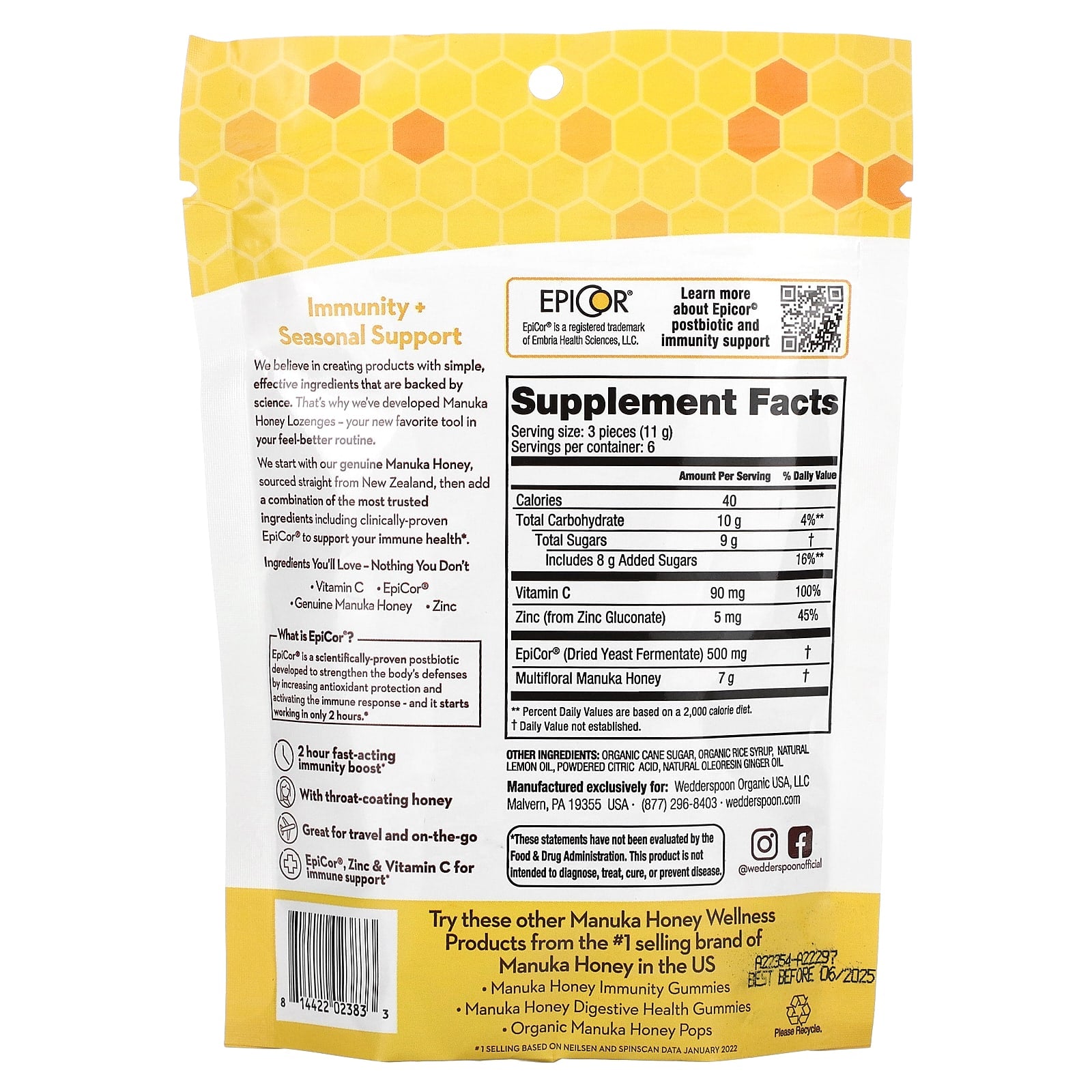 WEDDERSPOON, Manuka Honey Immunity Lozenge Lemon Ginger, 2.6 OUNCE UPC 814422023833 | Hilife Vitamins