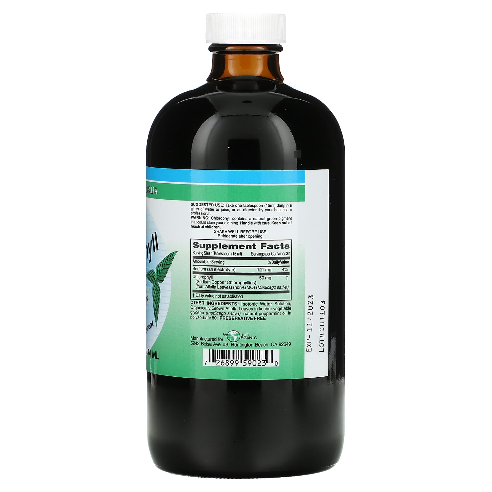 World Organics, Chlorophyll 50mg W/ Mint Liquid, 16 Oz UPC 726899590230 | Hilife Vitamins