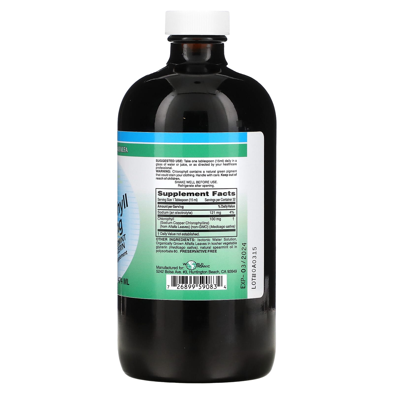 World Organics, Liquid Chlorophyll with Spearmint and Glycerin, 100 mg, 16 Oz UPC 726899590834 | Hilife Vitamins