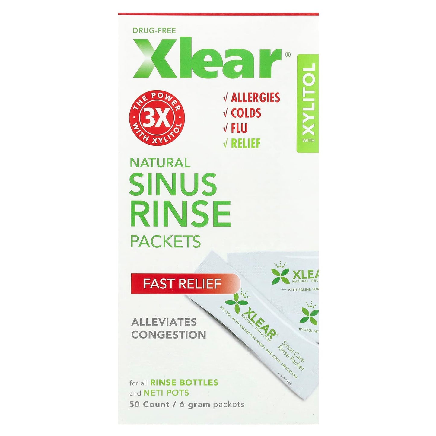 Xlear, Drug Free Fast Relief Natural Sinus Rinse Packets with Xylitol, 50 Packets UPC 700596000162 | Hilife Vitamins