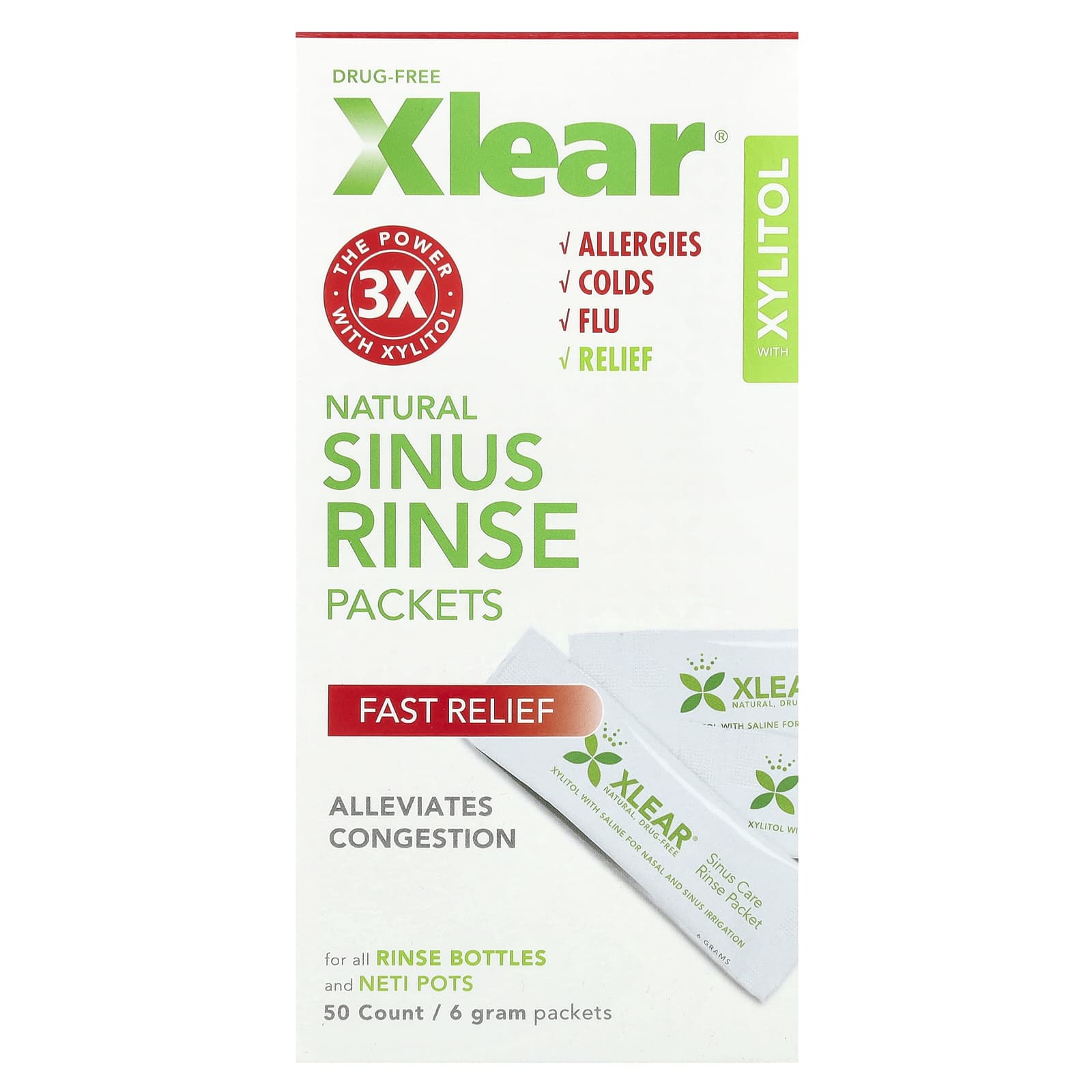 Xlear, Drug Free Fast Relief Natural Sinus Rinse Packets with Xylitol, 50 Packets UPC 700596000162 | Hilife Vitamins