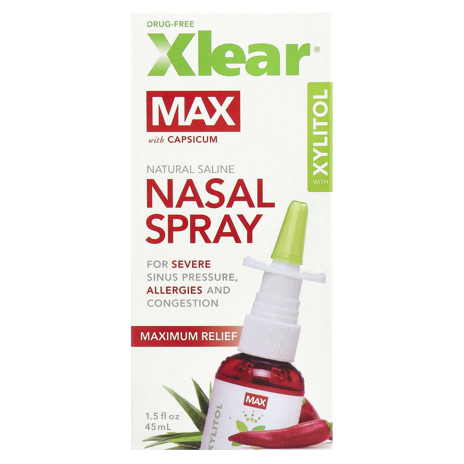 Xlear, Natural Saline, Nasal Spray with Xylitol, Maximum Relief, 1.5 fl oz (45 ml) UPC 700596000193 | Hilife Vitamins