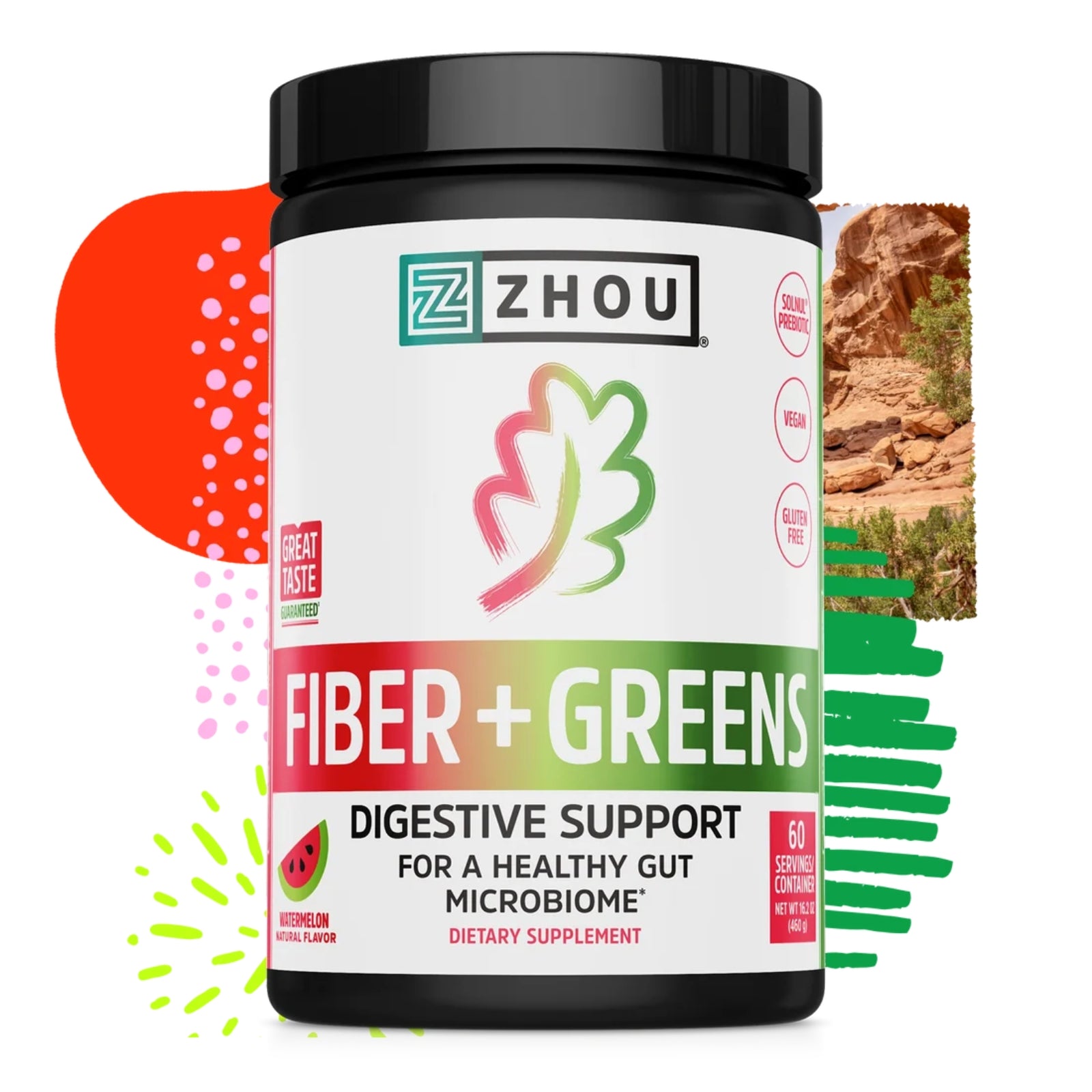 Zhou Nutrition, Fiber + Greens Powder, Watermelon Flavor, 16.2 oz (460 G) UPC 669191701792 | Hilife Vitamins