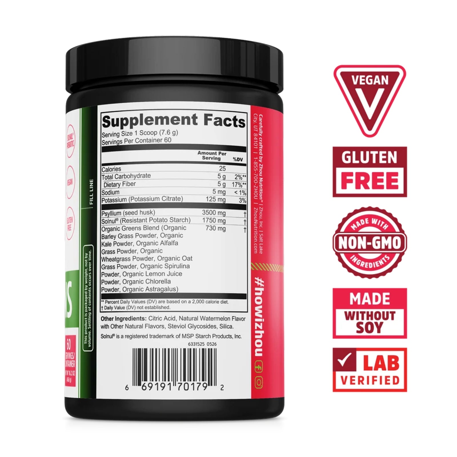 Zhou Nutrition, Fiber + Greens Powder, Watermelon Flavor, 16.2 oz (460 G) UPC 669191701792 | Hilife Vitamins