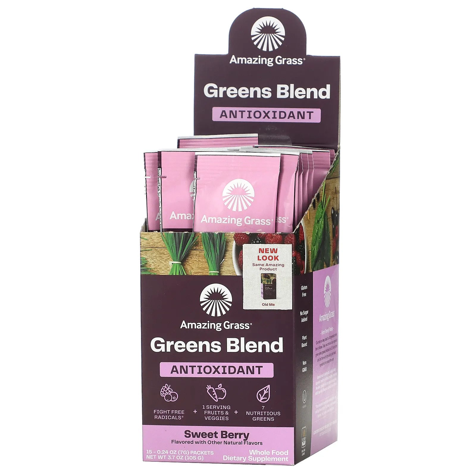 Amazing Grass, Grass, Greens Blend, Antioxidant, Sweet Berry, 15 Individual Packets 0.24 oz (7 g) Each UPC 829835000807 | HiLife Vitamins