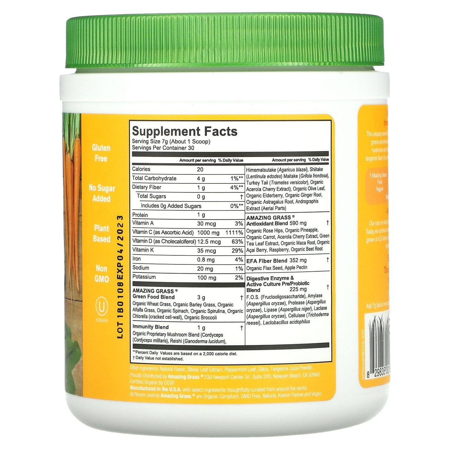 Amazing Grass, Immunity Tangerine Green Superfood 30 Servings, 7.4 Oz UPC 829835001699 | HiLife Vitamins