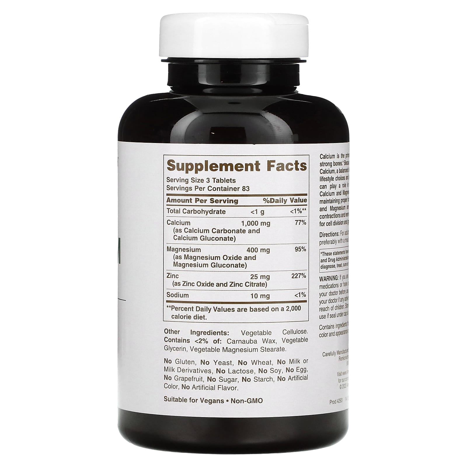 American Health, Chelated Calcium & Magnesium w/Zinc, 250 Tablets UPC 076630042932 | HiLife Vitamins