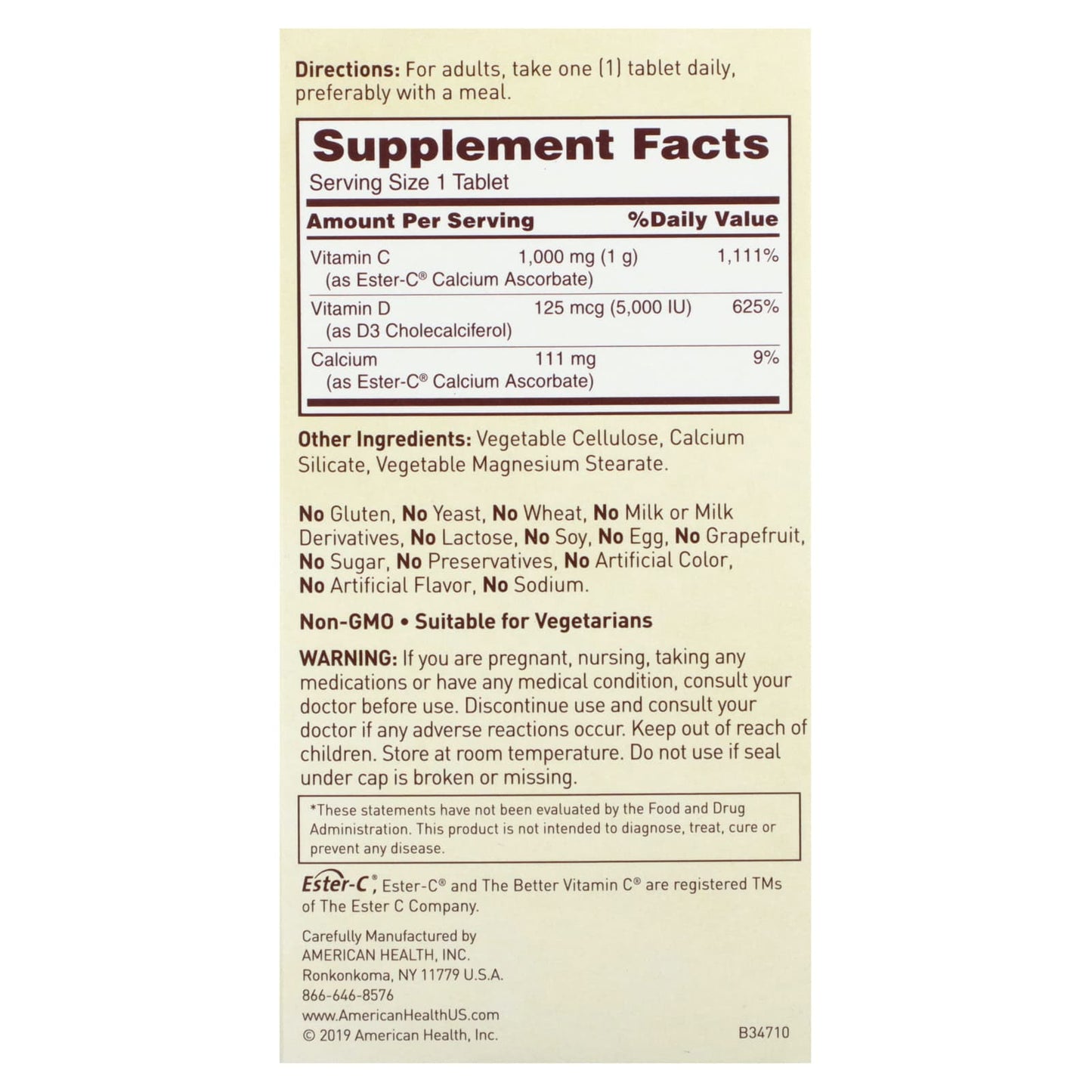 American Health, Ester-C D3, 60 Tablets UPC 076630347105 | HiLife Vitamins