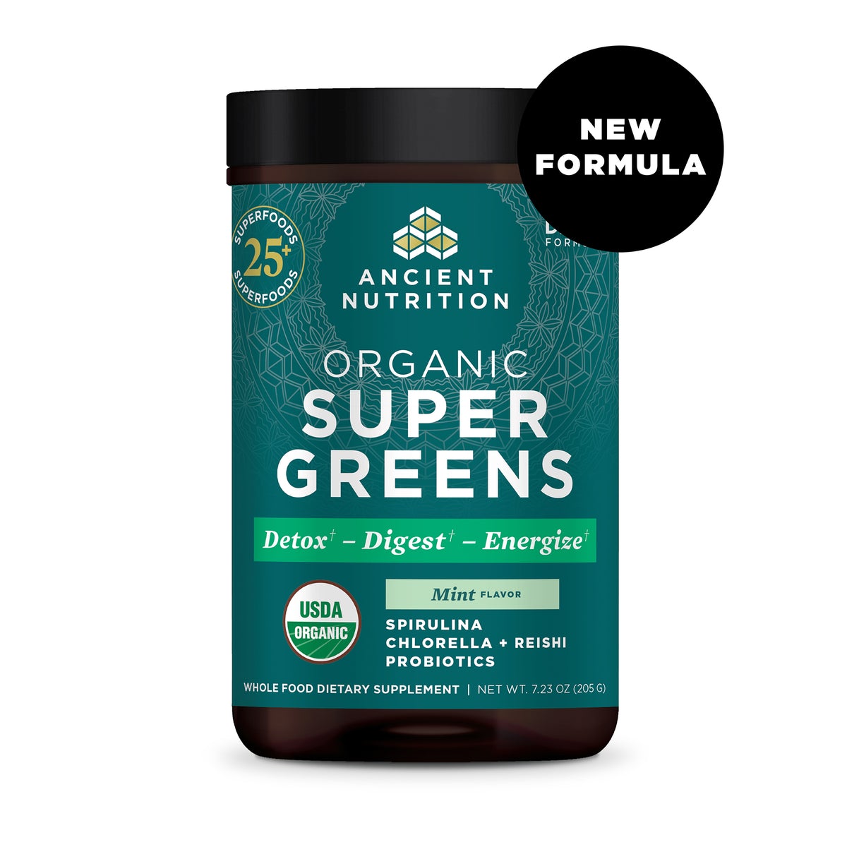 Ancient Nutrition, Organic SuperGreens, Mint Flavor, 7.23 oz UPC 816401025739 | HiLife Vitamins