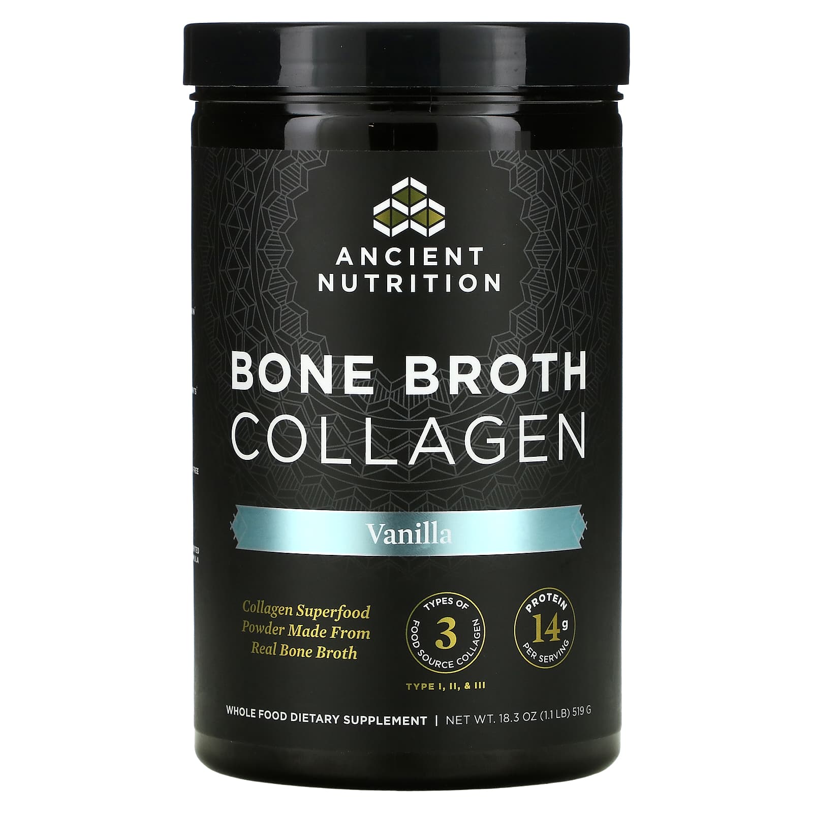 Ancient Nutrition, Bone Broth Collagen Vanilla, 18.2 Oz UPC 816401020390 | HiLife Vitamins