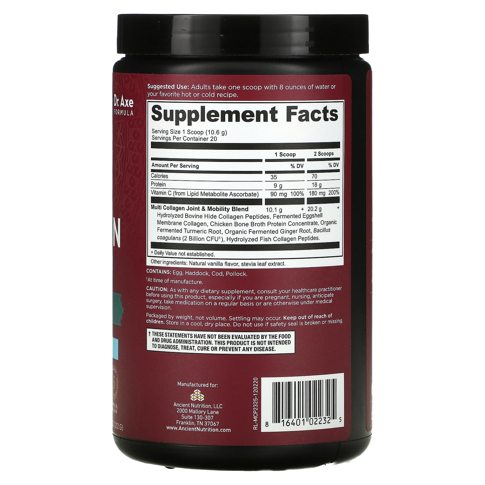 Ancient Nutrition, Multi Collagen Protein, Joint + Mobility, Vanilla, 7.48 Oz UPC 816401022325 | HiLife Vitamins