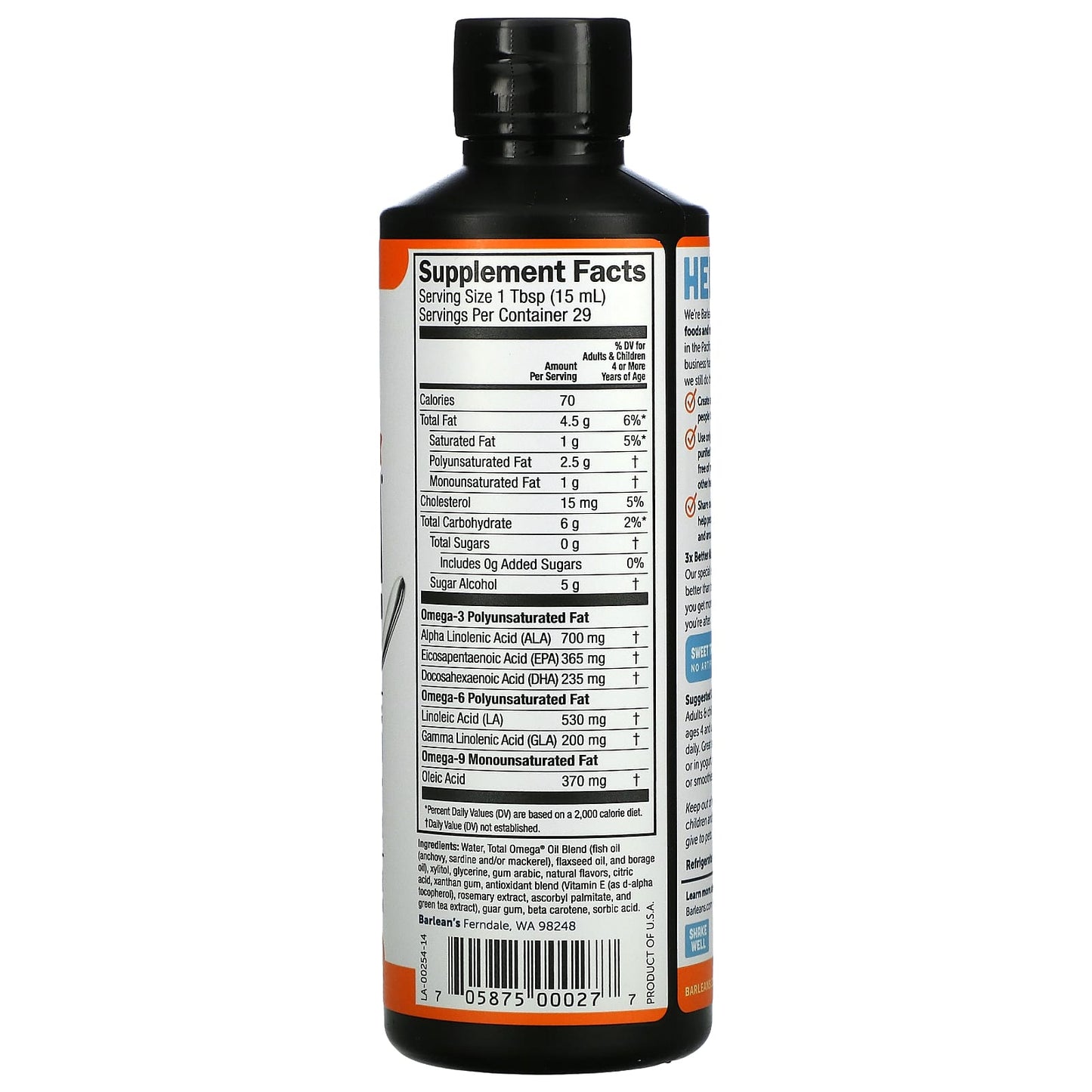 Barlean’s, Orange Crème Total Omega, 16 Oz Liquid - 705875000277 ...