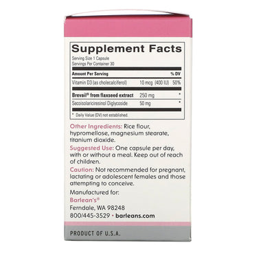 Barlean's, Brevail Plant Lignan Extract, 30 Capsules UPC 705875100267 | HiLife Vitamins