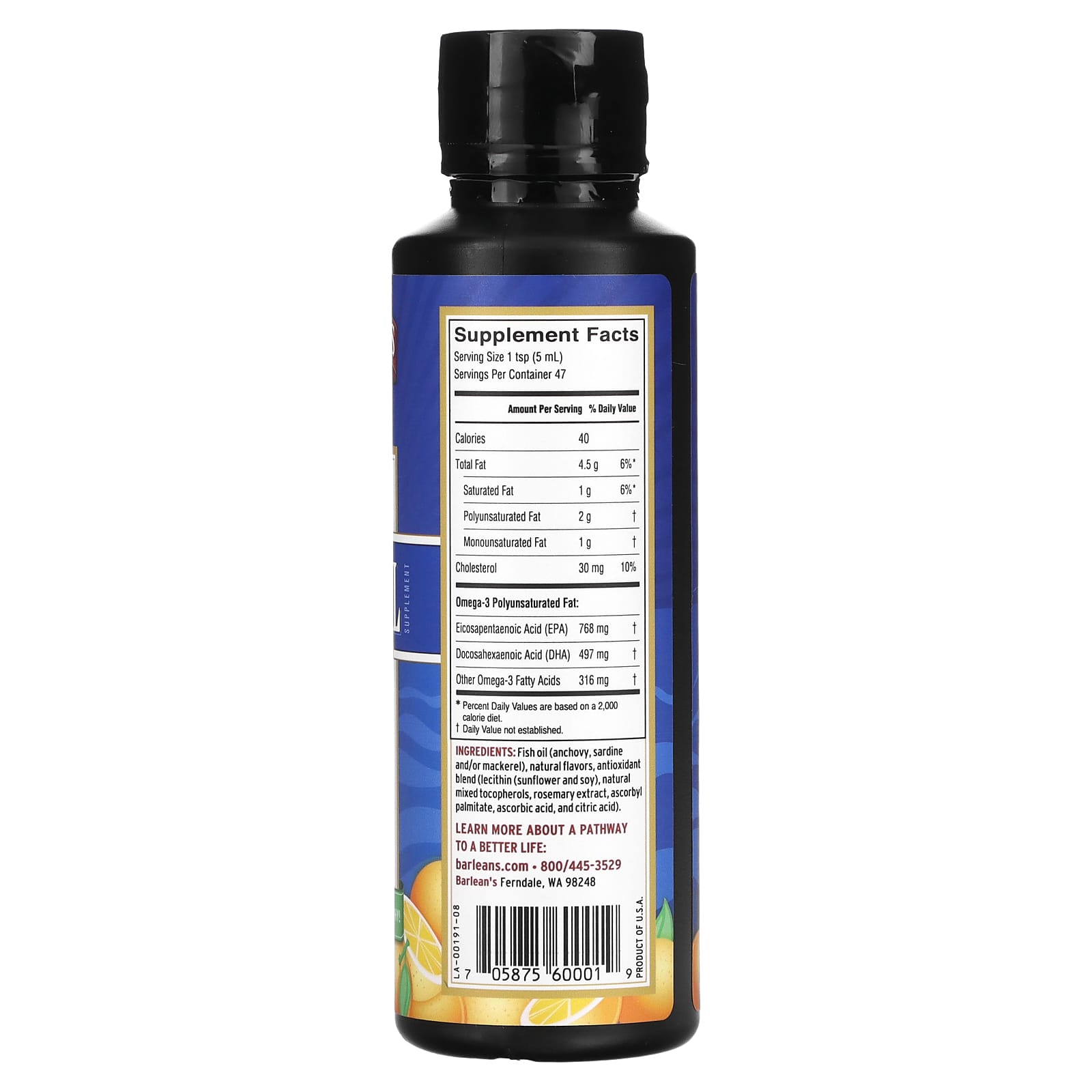 Barlean's, Fresh Catch Fish Oil Orange Flavor, 8 Oz UPC 705875600019 | HiLife Vitamins