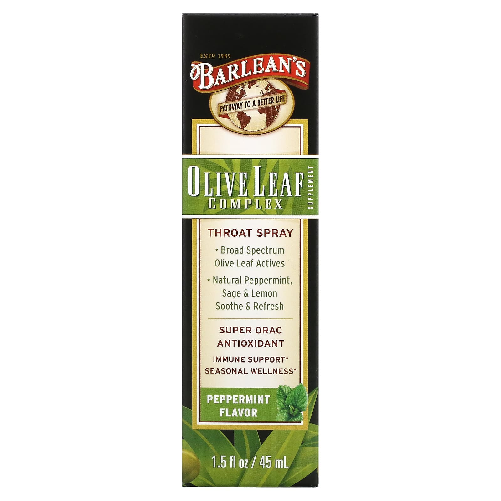 Barlean’s, Olive Leaf Complex Throat Spray Peppermint Flavor, 1.5 Oz - [product_sku] | HiLife Vitamins