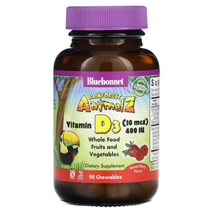 Bluebonnet, Rainforest Animalz, Vitamin D3 400 IU Mixed Berry, 90 Tablets - 743715001947 | Hilife Vitamins