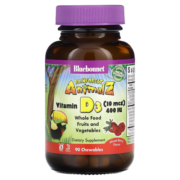 Bluebonnet, Rainforest Animalz, Vitamin D3 400 IU Mixed Berry, 90 Tablets - 743715001947 | Hilife Vitamins