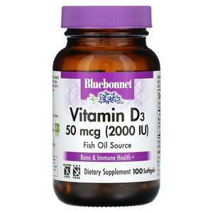 Bluebonnet, Vitamin D3, 50 mcg (2,000 IU), 100 Softgels - 743715003170 | Hilife Vitamins