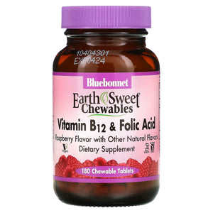 Bluebonnet, Earthsweet Vitamin B-12 & Folic Acid Raspberry Flavor, 180 Chewables - 743715004351 | Hilife Vitamins
