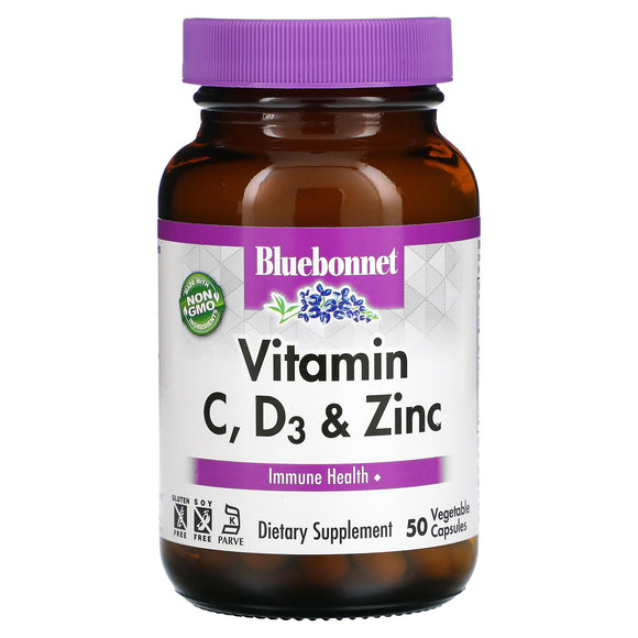 Bluebonnet, VITAMIN C, D3 & ZINC, 50 Vegetarian Capsules - 743715005556 | Hilife Vitamins