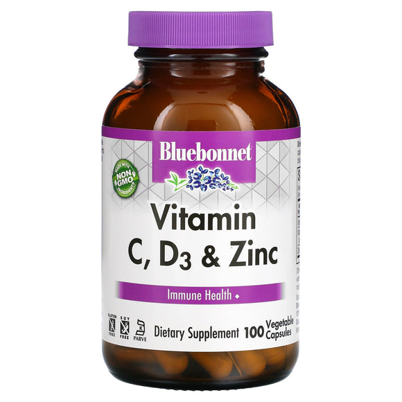 Bluebonnet, VITAMIN C, D3 & ZINC, 100 Vegetarian Capsules - 743715005570 | Hilife Vitamins