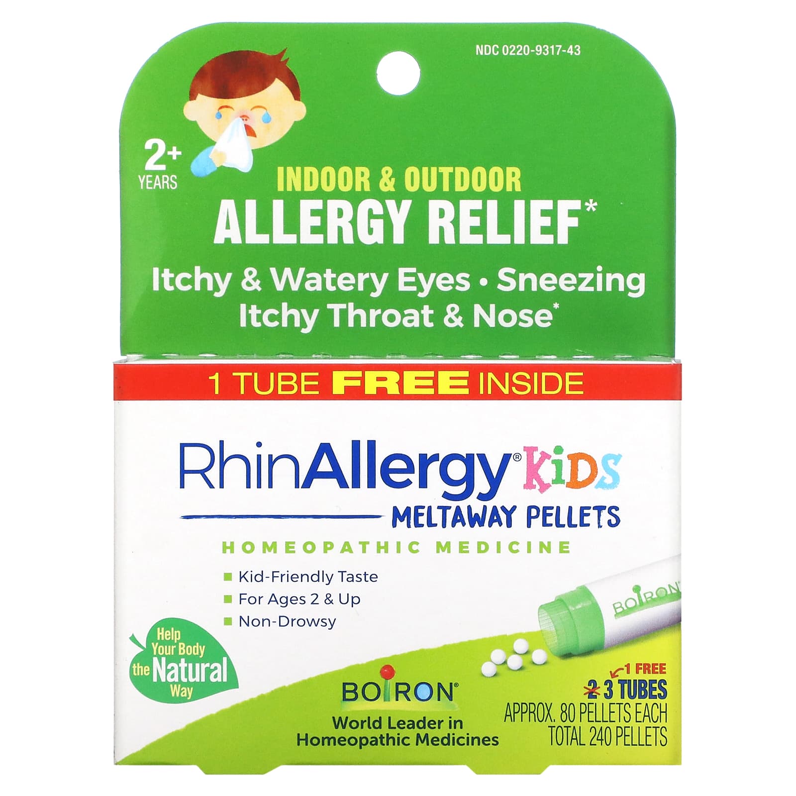 Boiron, Rhin Allergy Kids Pellets 2 Tubes, 240 Pellets UPC 306969317433 | HiLife Vitamins
