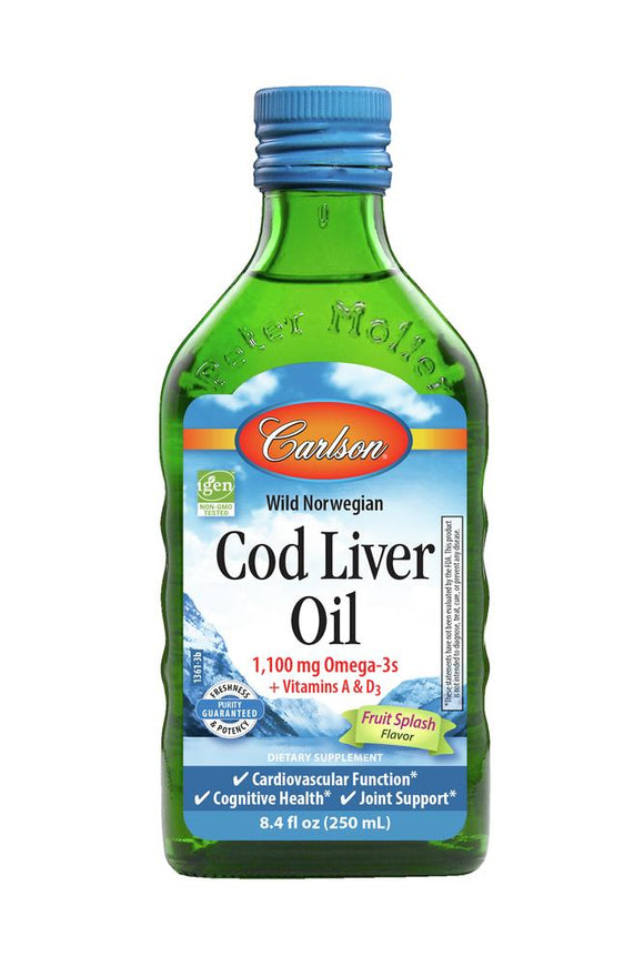 Carlson Labs, Cod Liver Oil Natural Fruit Splash, 250 Liquid - 088395136108 | Hilife Vitamins