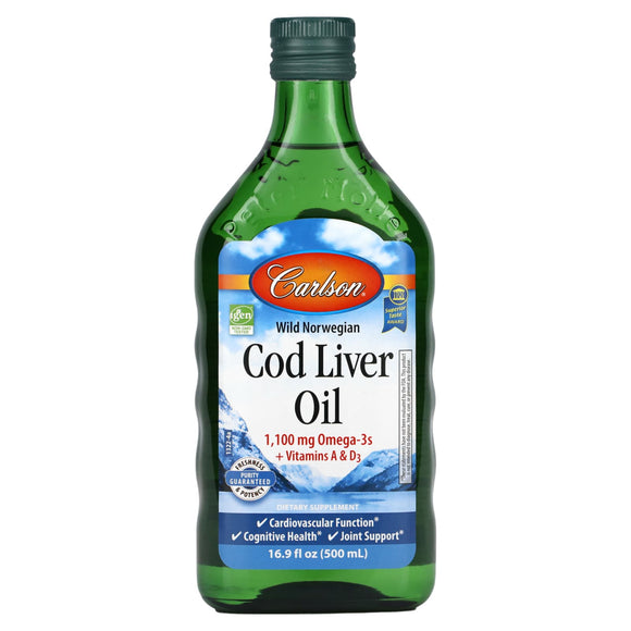 Carlson Labs, Norwegian Cod Liver Oil Liquid Natural 500 ml, 16 Oz - 088395013225 | Hilife Vitamins